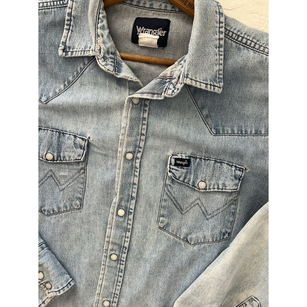 Vintage Wrangler Denim Pearl Snap Western Shirt Light Wash XL Cowboy USA